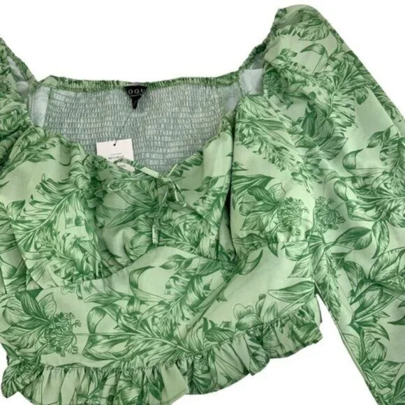NWT Eloquii Green Floral Cropped Shirt with Long Balloon Sleeves - Picture 3 of 7